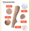 A beige medical grade knee high compression stocking showing features like a non-slip beam mouth, breathable fabric, and thic
