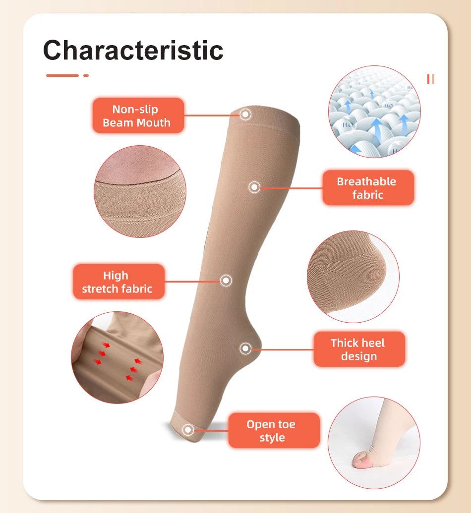 A beige medical grade knee high compression stocking showing features like a non-slip beam mouth, breathable fabric, and thic