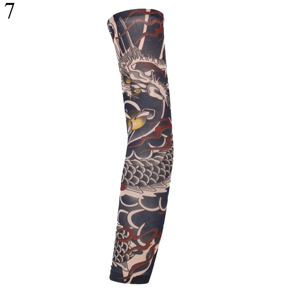 A dark blue arm sleeve featuring a graphic design of a fierce dragon head and scales.
