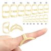 A set of yellow ergonomic finger splints and a single splint are shown on a hand for joint support.