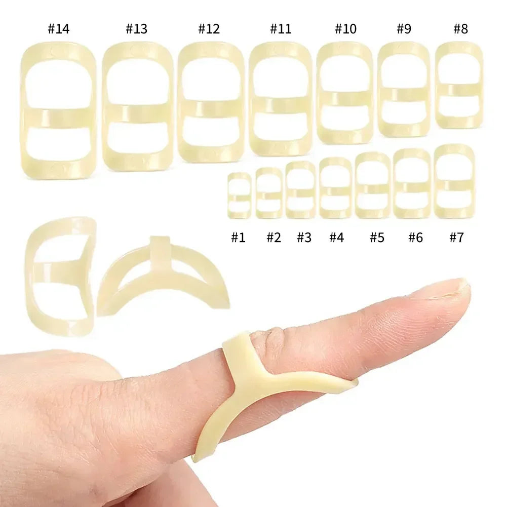 A set of yellow ergonomic finger splints and a single splint are shown on a hand for joint support.