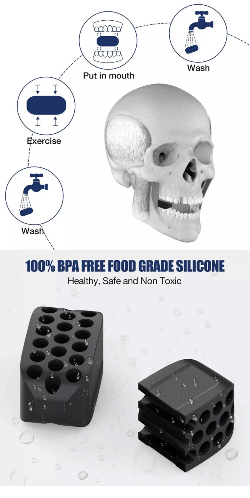 Black silicone jawline exerciser and facial toner shown with usage instructions.