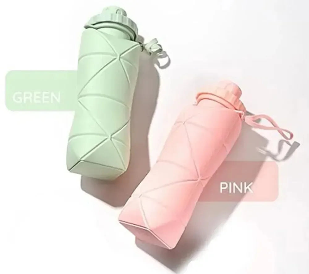 Una botella de agua plegable de silicona verde claro y una rosa plegable de silicona rosa