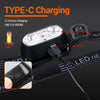 A black Type-C charging LED headlamp is shown with a charging cable and a close-up of the battery.