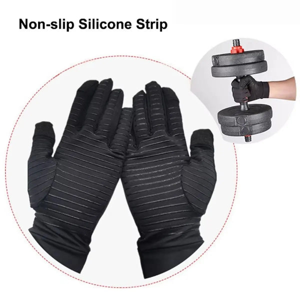 Black non-slip silicone grip gloves shown next to a weight plate for arthritis relief