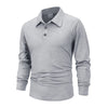 A gray long-sleeved men's breathable casual polo shirt with a collar and button placket.