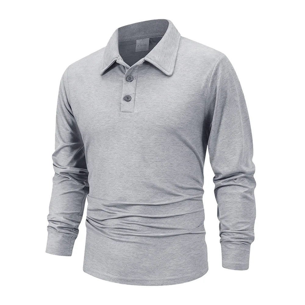 A gray long-sleeved men's breathable casual polo shirt with a collar and button placket.