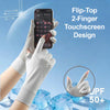 White flip-top 2-finger touchscreen gloves shown with a smartphone and ice cubes for UV/UVB protection