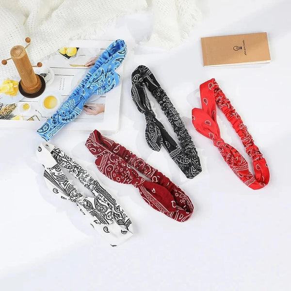 Collection de bandeaux élastiques pour cheveux style paisley bohème dans les couleurs bleu, noir, rouge et marron foncé