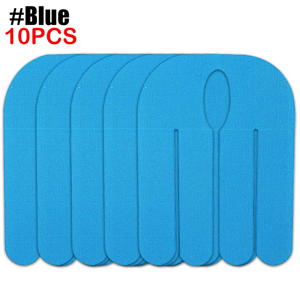 Ten blue kinesiology tapes stacked together.