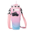 A pink and blue adjustable water bottle carrier pouch with a clear lid and strap.