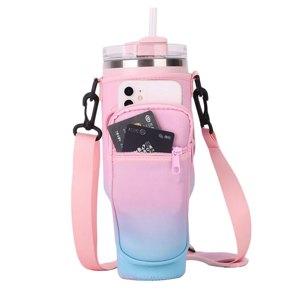 A pink and blue adjustable water bottle carrier pouch with a clear lid and strap.