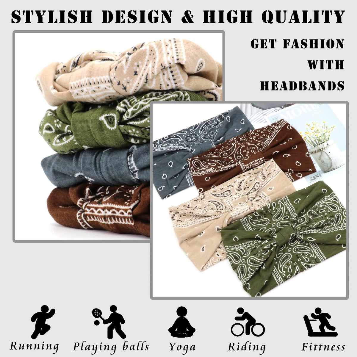 A collection of stylish boho print cotton headbands for hair and workout, including various colors and patterns.