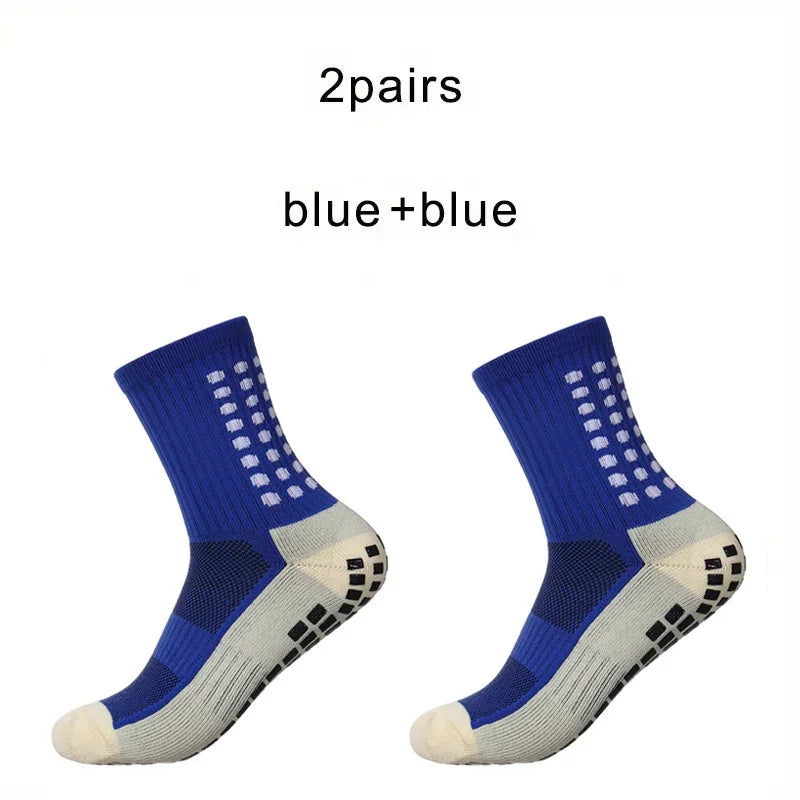 Zwei Paar blaue Plus-Plus-Antirutsch-Sportstrümpfe von der Seite.