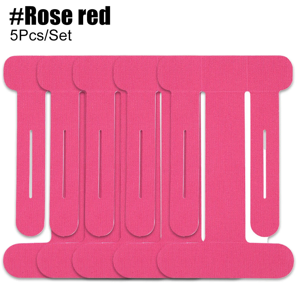 A set of five pink kinesiology support tapes for joint relief.