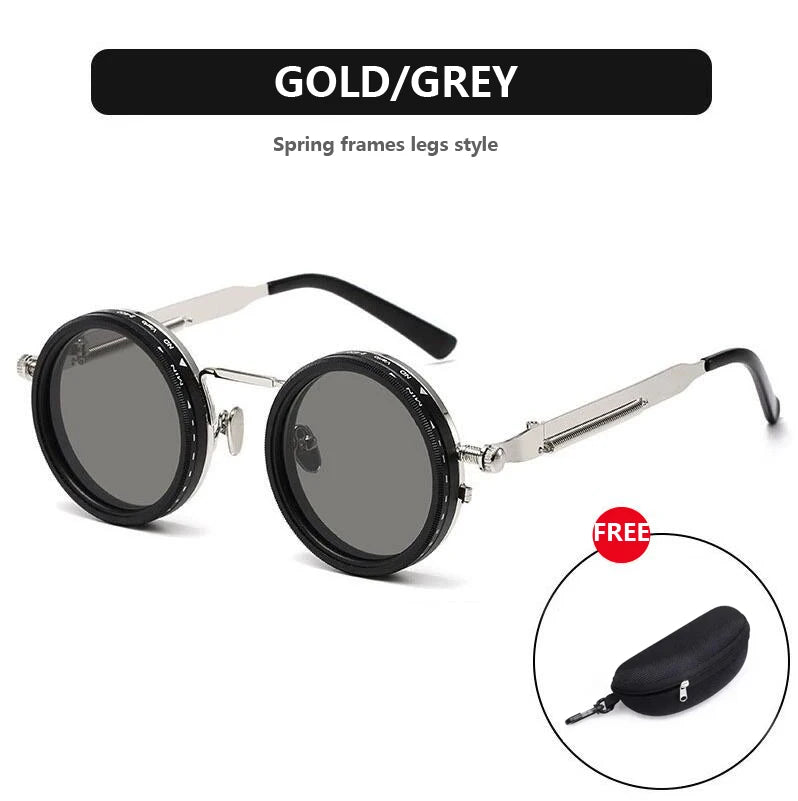 Gold/grey spring frame round sunglasses with polarized lenses and adjustable dimming feature