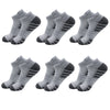 A set of athletic running socks for men and women in gray and black stripes.