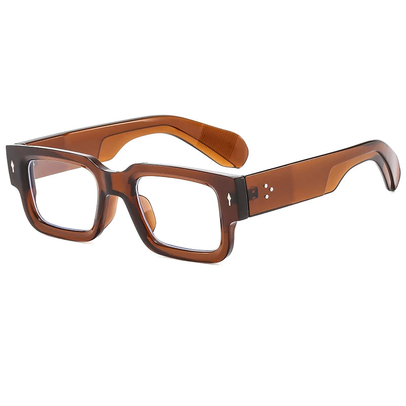 Brown acetate square sunglasses with a tortoiseshell frame and metal rivets