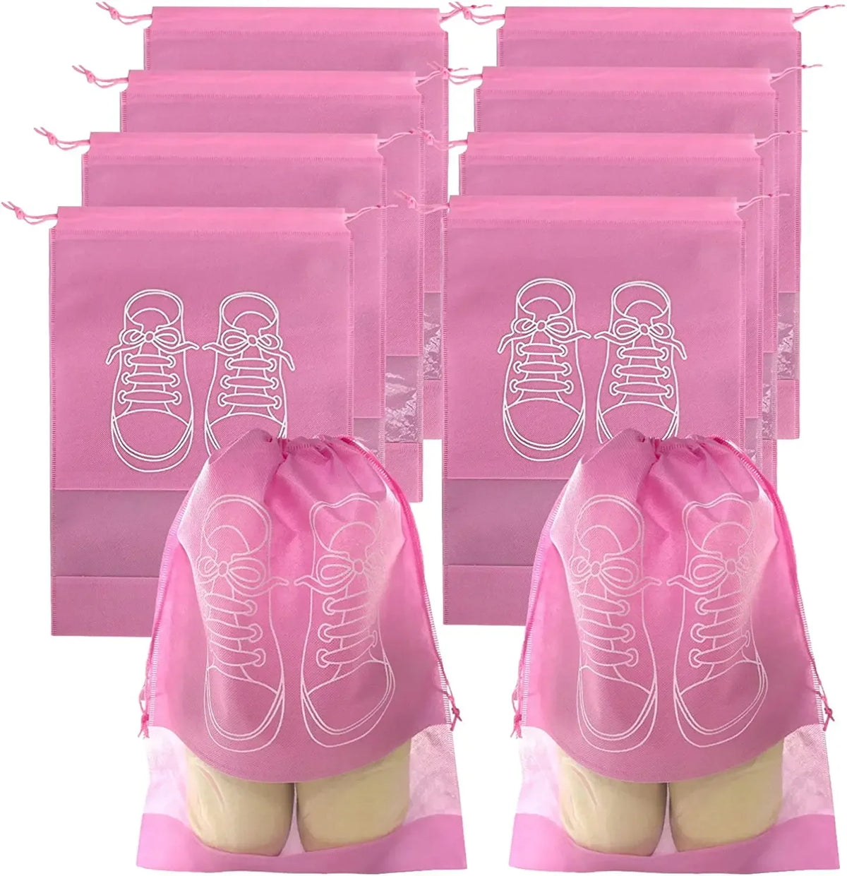 Pink reusable non-woven shoe storage bags with white outline of sneakers