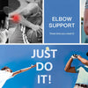 An elbow support brace is shown being used during sports activities to provide pain relief.