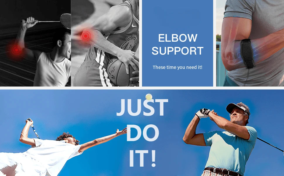 An elbow support brace is shown being used during sports activities to provide pain relief.