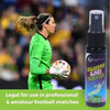 A bottle of goalkeeper gloves enhanced grip spray with a female soccer player in a green jersey holding the gloves.