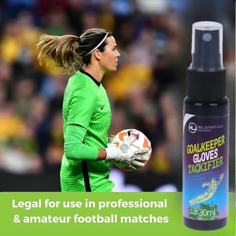 A bottle of goalkeeper gloves enhanced grip spray with a female soccer player in a green jersey holding the gloves.