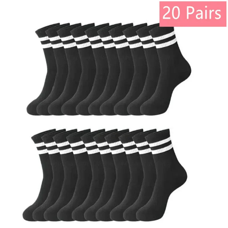 20 paires de chaussettes en tricot noir mi-mollet pour femmes, respirantes, empilées.