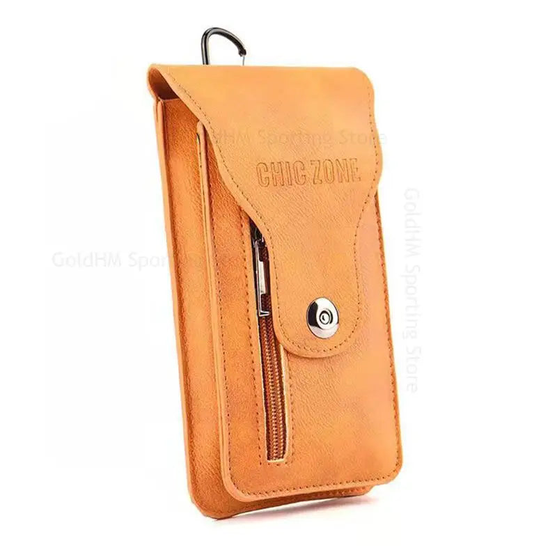 Bolsa plegable de cuero marrón o neceser para teléfonos móviles.