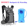 Gray hydration backpack with a blue water bag and tubing shown next to it.