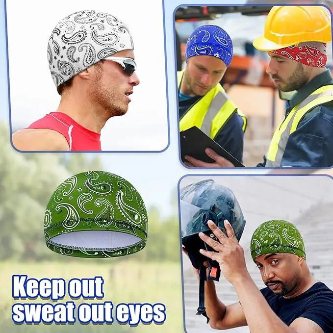 Men wearing breathable printed headscarf caps while working outdoors