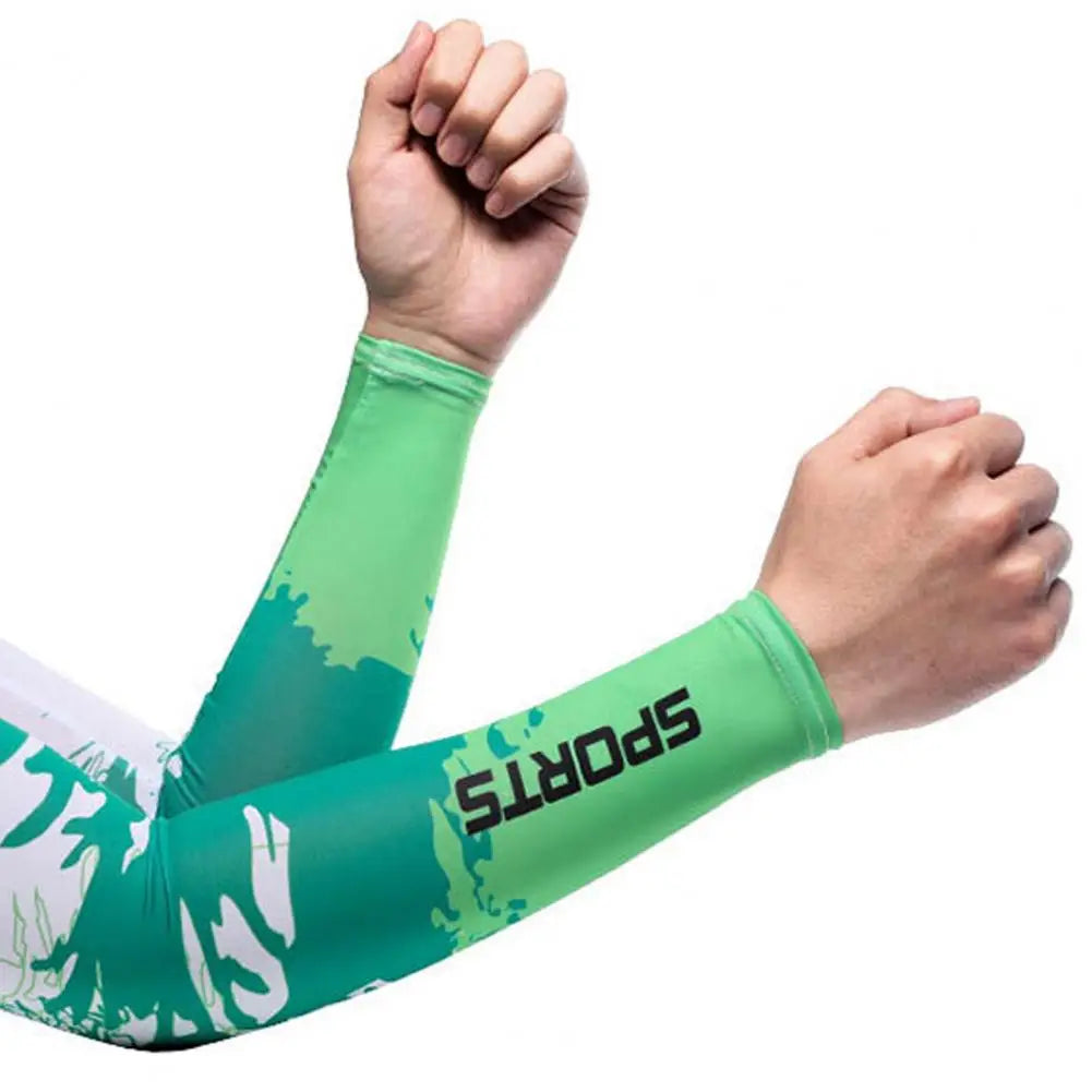 Person in bright green UV protection ice silk arm sleeves flexing their arms.