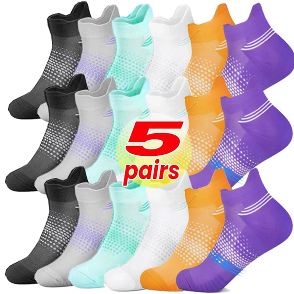 Five pairs of breathable mesh ankle socks in various colors including black, white, light green, purple, and orange.
