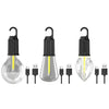 A set of five USB rechargeable LED camping lanterns with glass bulbs and charging cables.