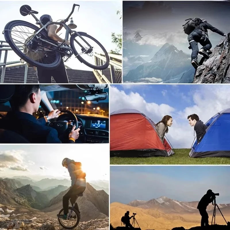 Collage von Outdoor-Aktivitäten: Fahrrad, Berglandschaft, Auto fahren, Camping und Menschen