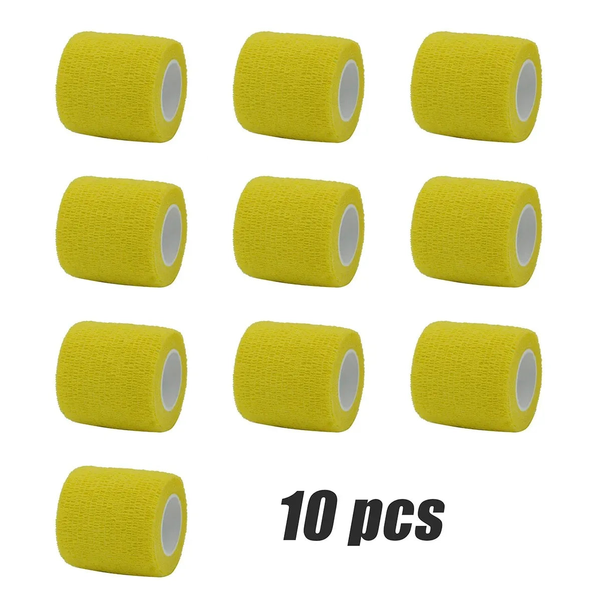A set of ten yellow self-adhesive elastic bandage tape rolls arranged in a grid.