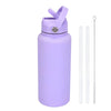 A purple stainless steel vacuum flask water bottle with a hinged lid and a separate straw.