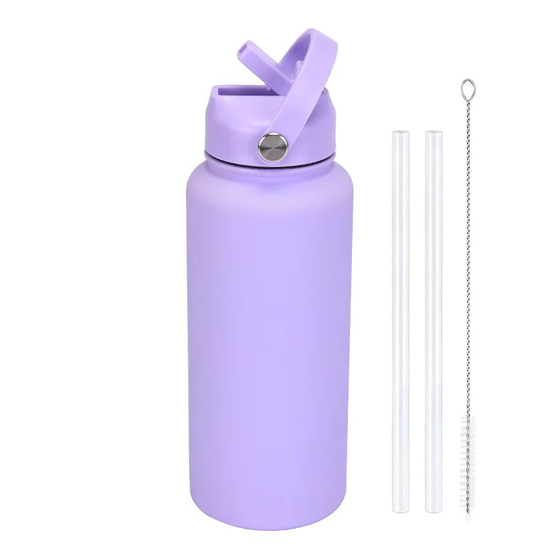 A purple stainless steel vacuum flask water bottle with a hinged lid and a separate straw.