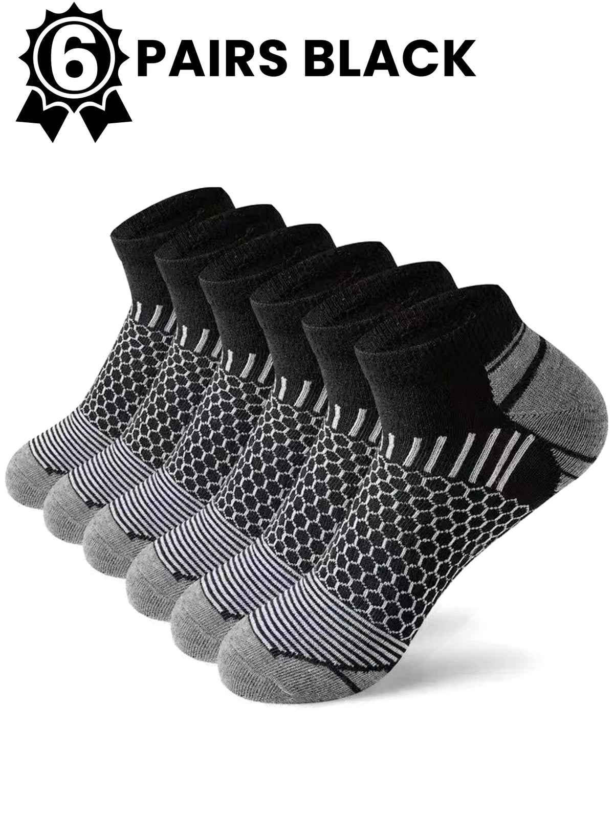 A set of six pairs of black athletic knit ankle socks displayed in a row.