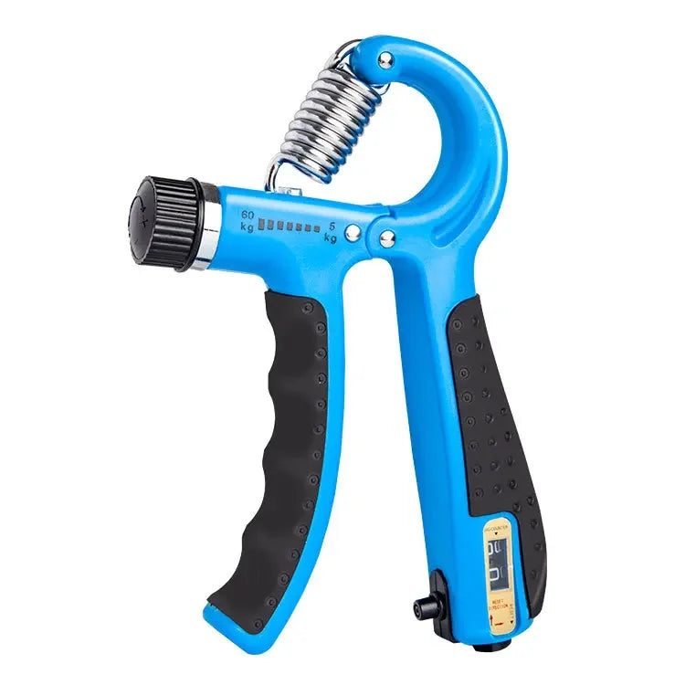A blue adjustable hand grip strengthener device for improving forearm and finger strength.