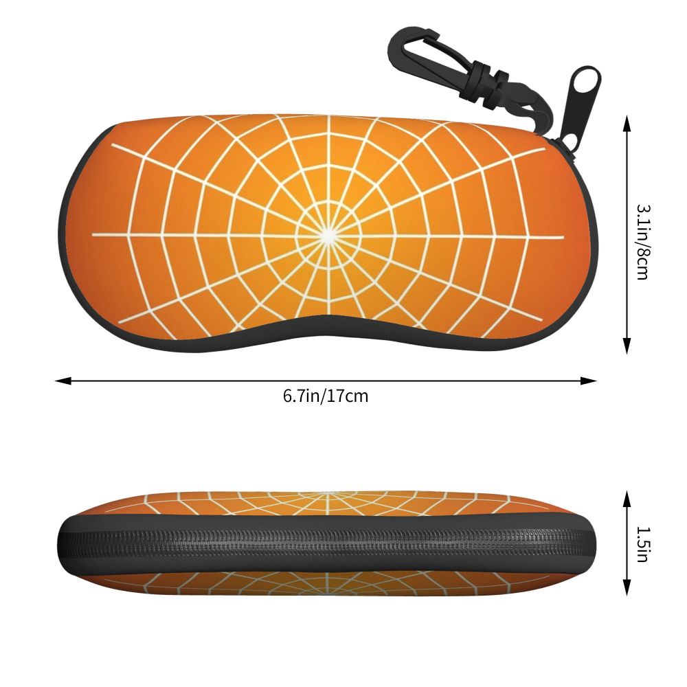 Orange silicone pouch for eyeglasses with a black hook and strap.