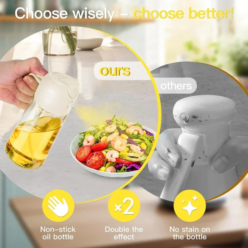 A hand holds a glass oil bottle next to a plate of fresh salad, demonstrating the non-stick effect of the glass oil sprayer.