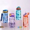 A set of colorful dinosaur silicone straw water bottles for kids in various shades of blue, purple, and orange.