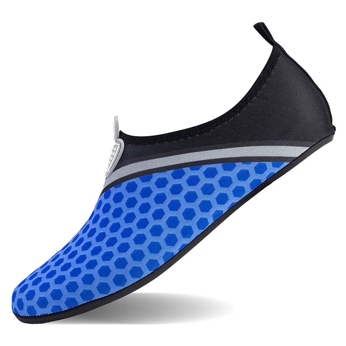 A pair of blue and black waterproof aqua socks with a gray stripe detail.
