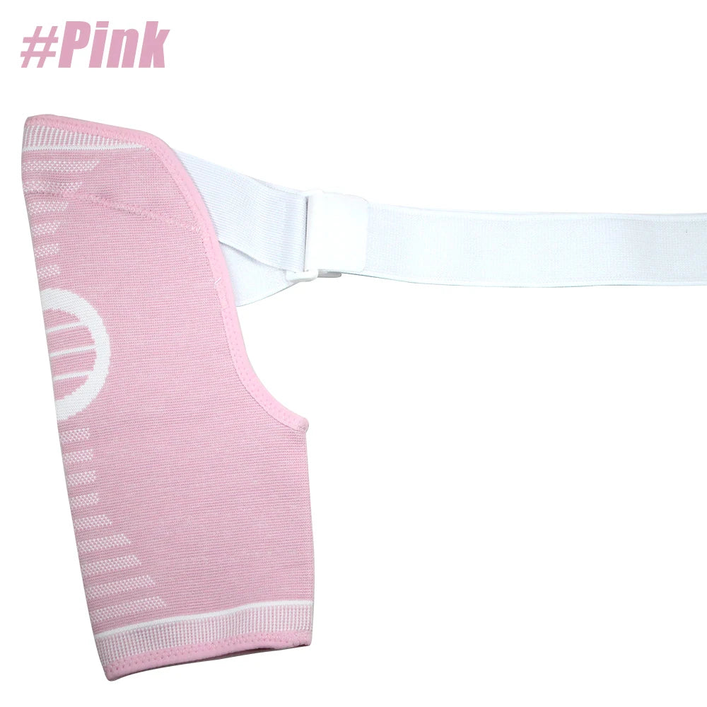 Pink comfort compression shoulder support brace with white strap