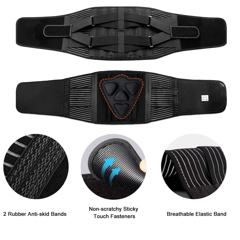Black orthopedic lumbar support belt featuring anti-skid bands, sticky touch fasteners, and a breathable elastic band.