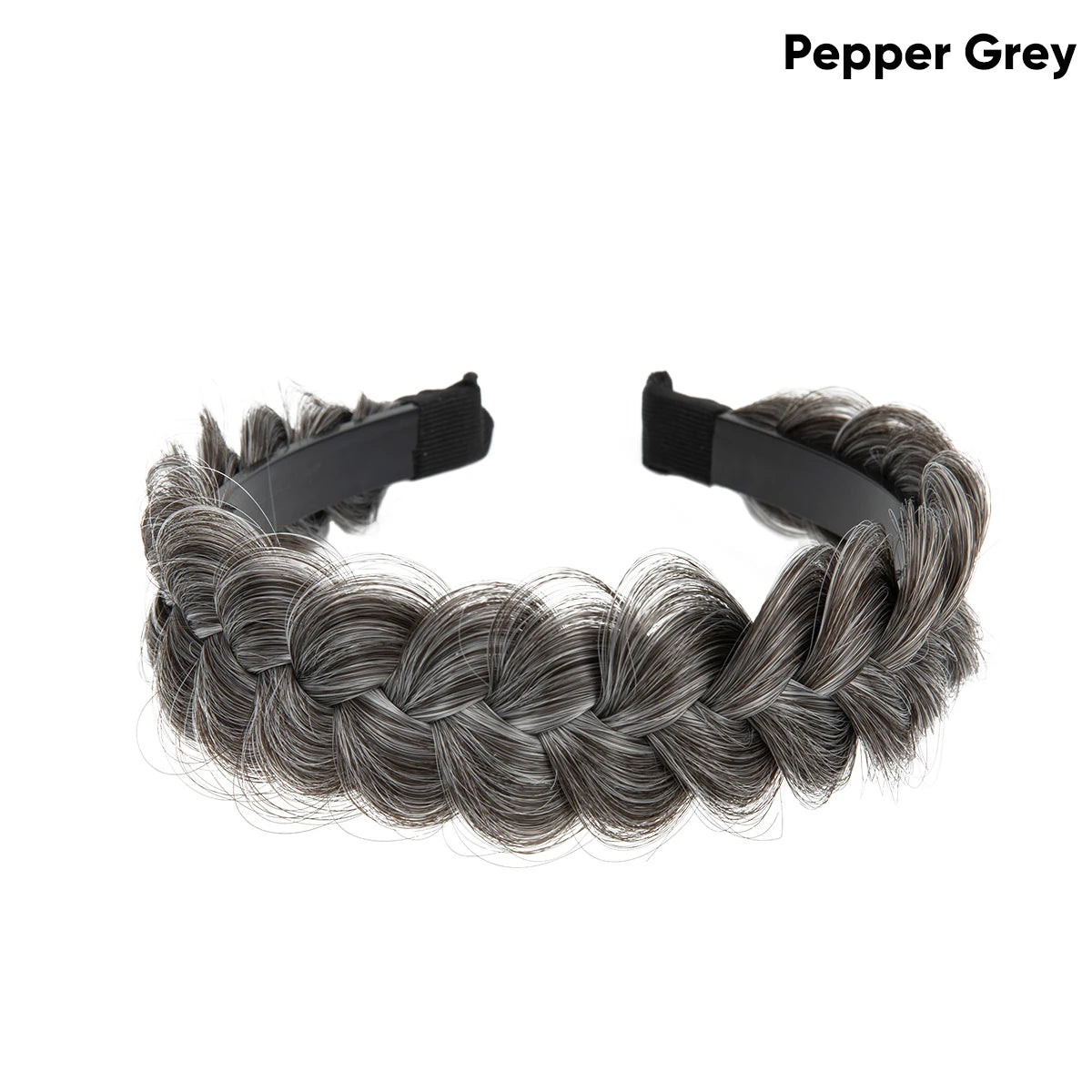 A dark grey braided hair accessory with black elastic bands.