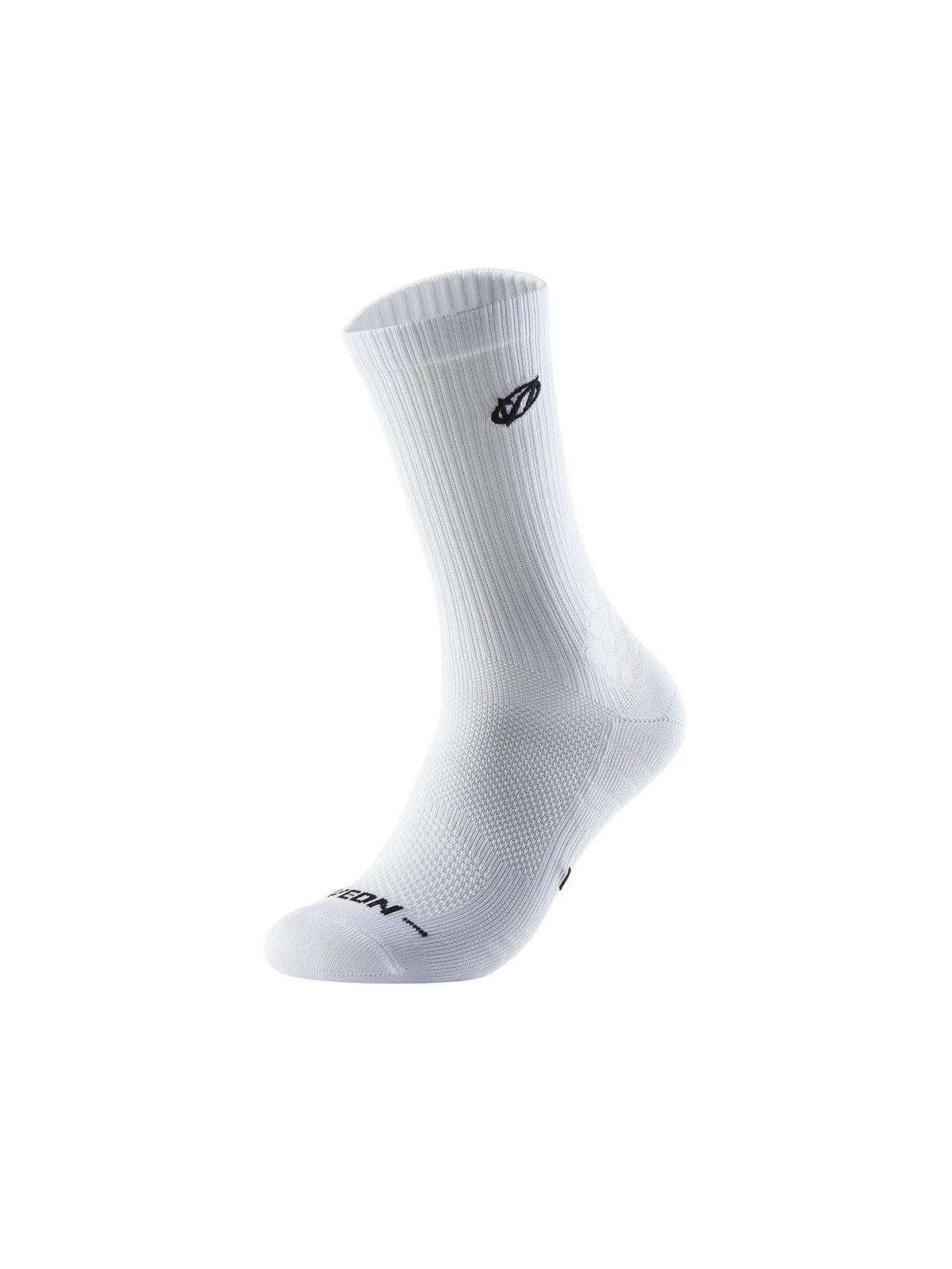 White athletic running socks with arch support shown in a profile view.