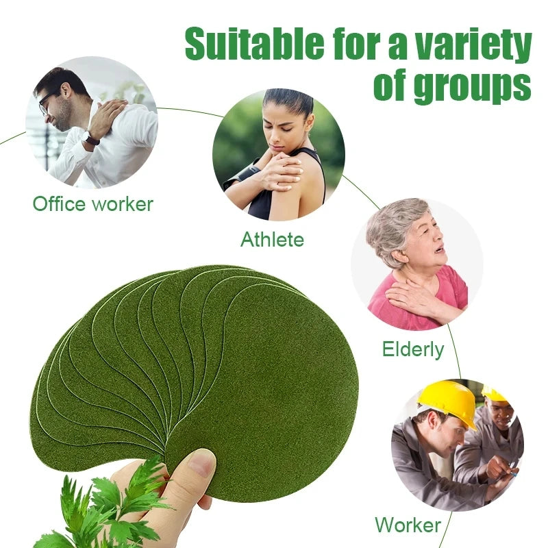 Green acupressure heat patches shown with various groups including an office worker, athlete, elderly person, and worker.