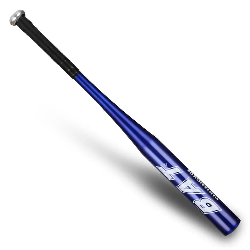 A blue and black baseball bat with a silver handle, shown diagonally.